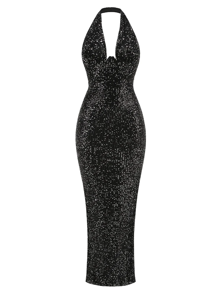 Sexy Halter Deep V Neck Sequins Maxi Dress Women - Uniqwear
