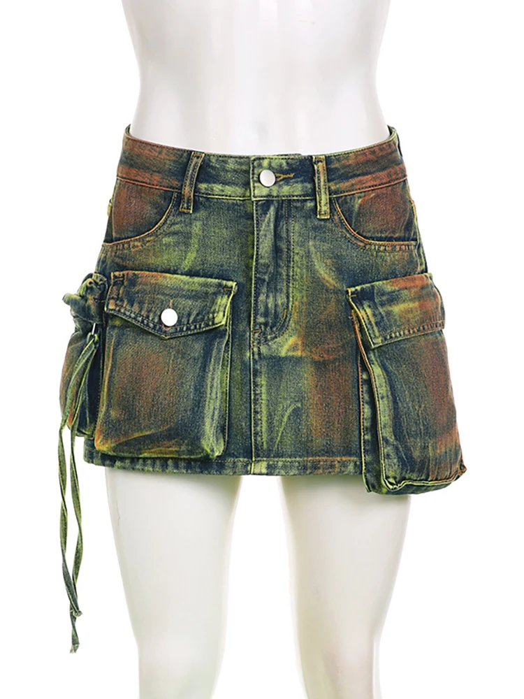 Women's Denim Skirts Green Irregular Multiple Pockets Cargo - Uniqwear