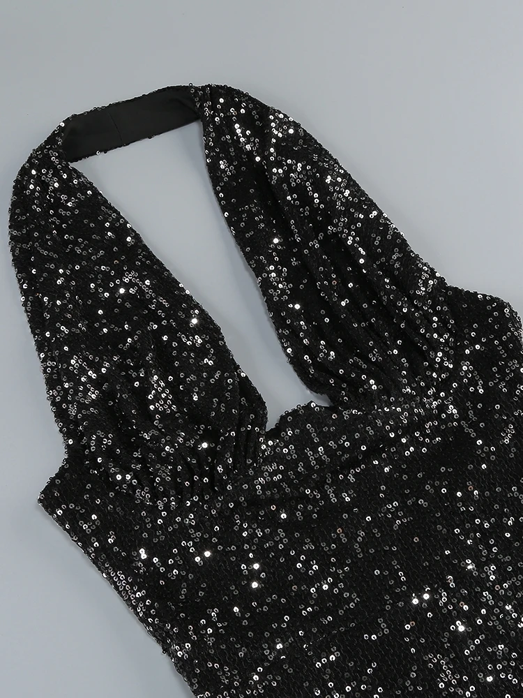 Sexy Halter Deep V Neck Sequins Maxi Dress Women - Uniqwear