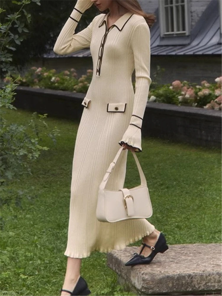 Autumn Winter Elegant Knitted Long Ruffles Dresses - Uniqwear