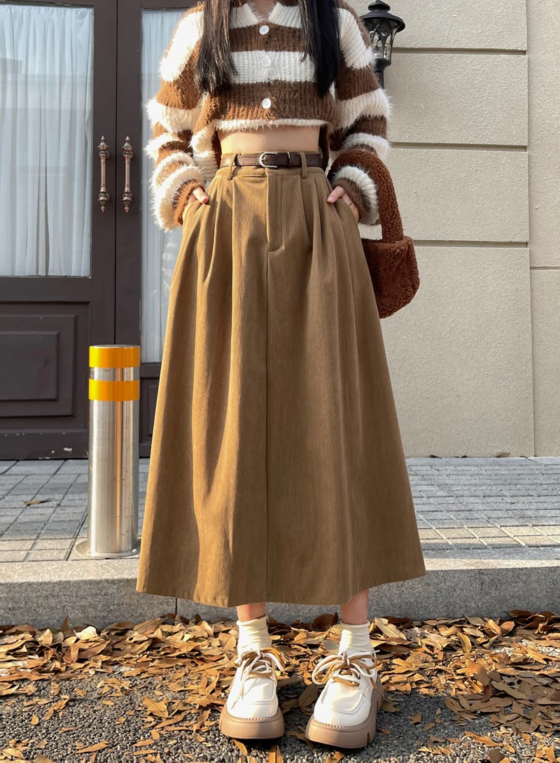 Vintage Belt Midi Skirt Women High Waist - Uniqwear