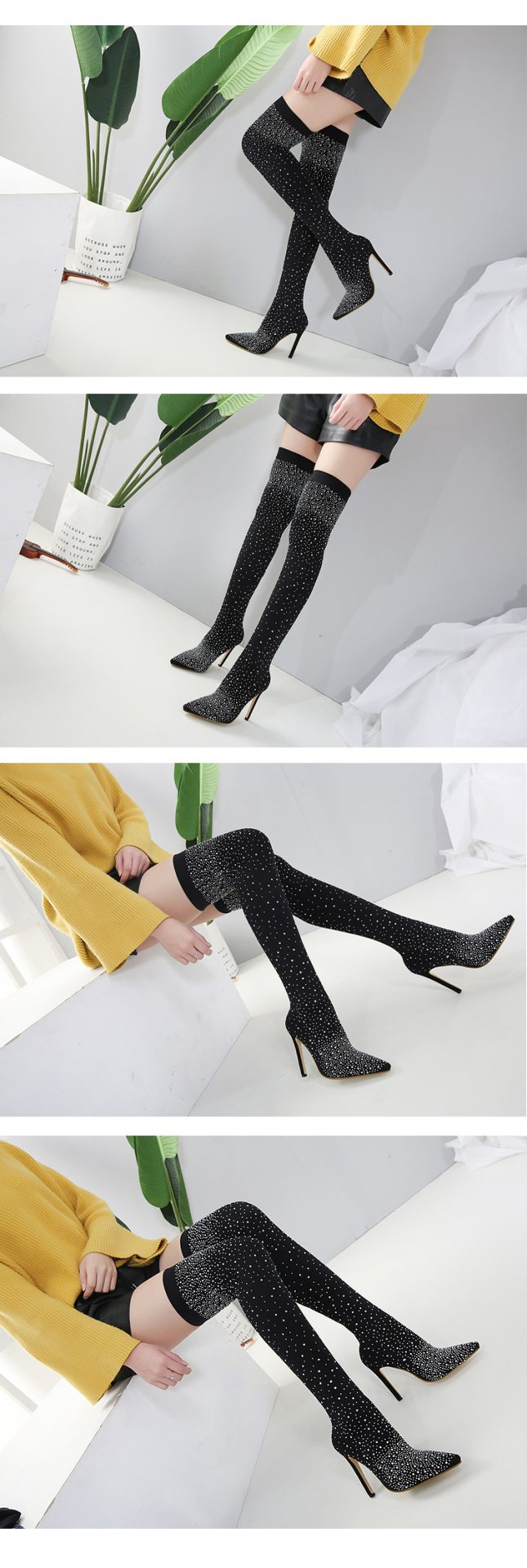 Sexy High Heels Sock Over-the-Knee Crystal Rhinestone Boots - Uniqwear