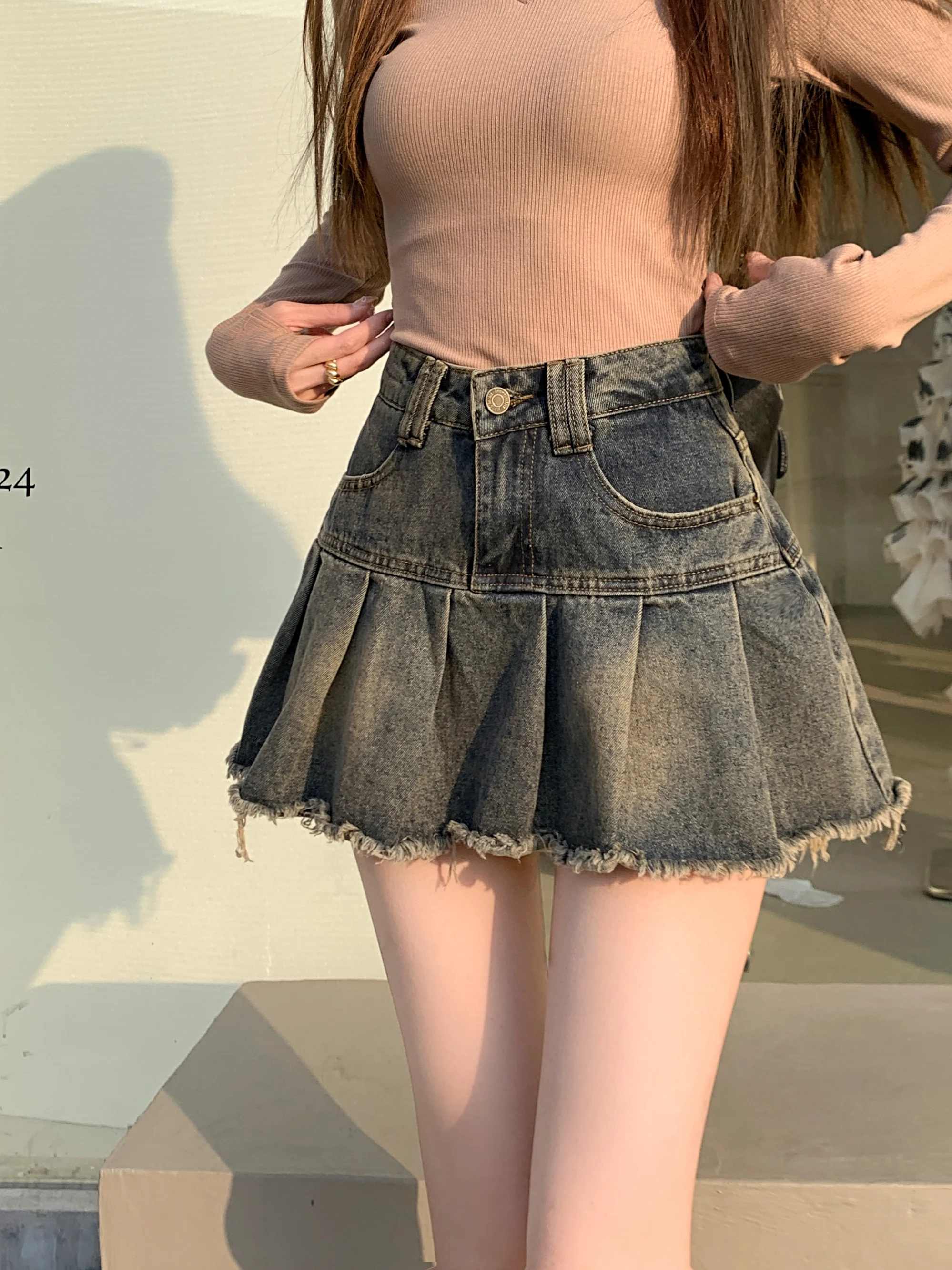 Women's Cute Denim Skirt High Waist Pleated Skirt - Uniqwear