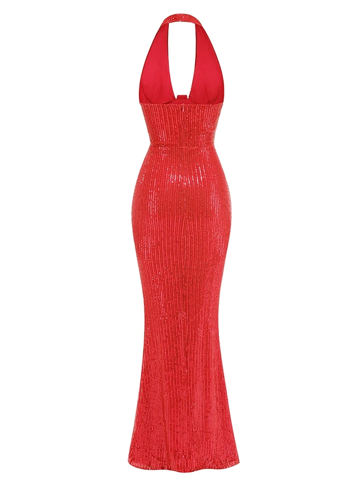 Sexy Halter Deep V Neck Sequins Maxi Dress Women - Uniqwear