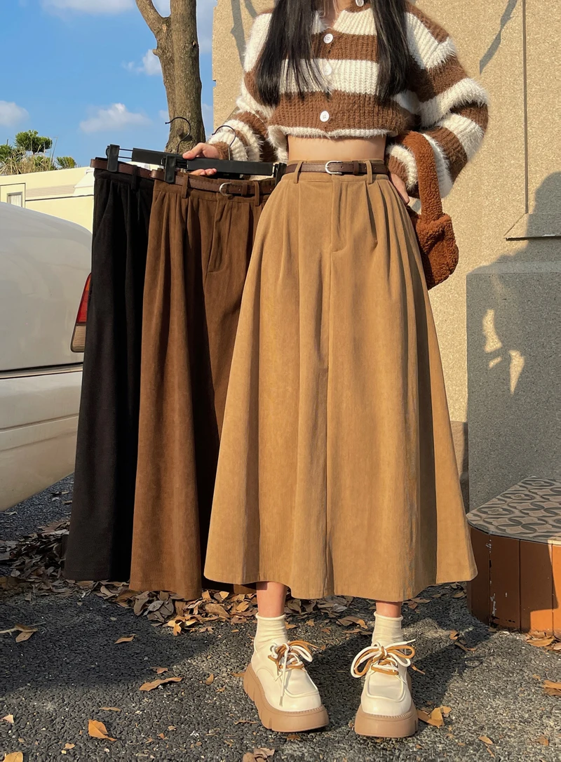 Vintage Belt Midi Skirt Women High Waist - Uniqwear