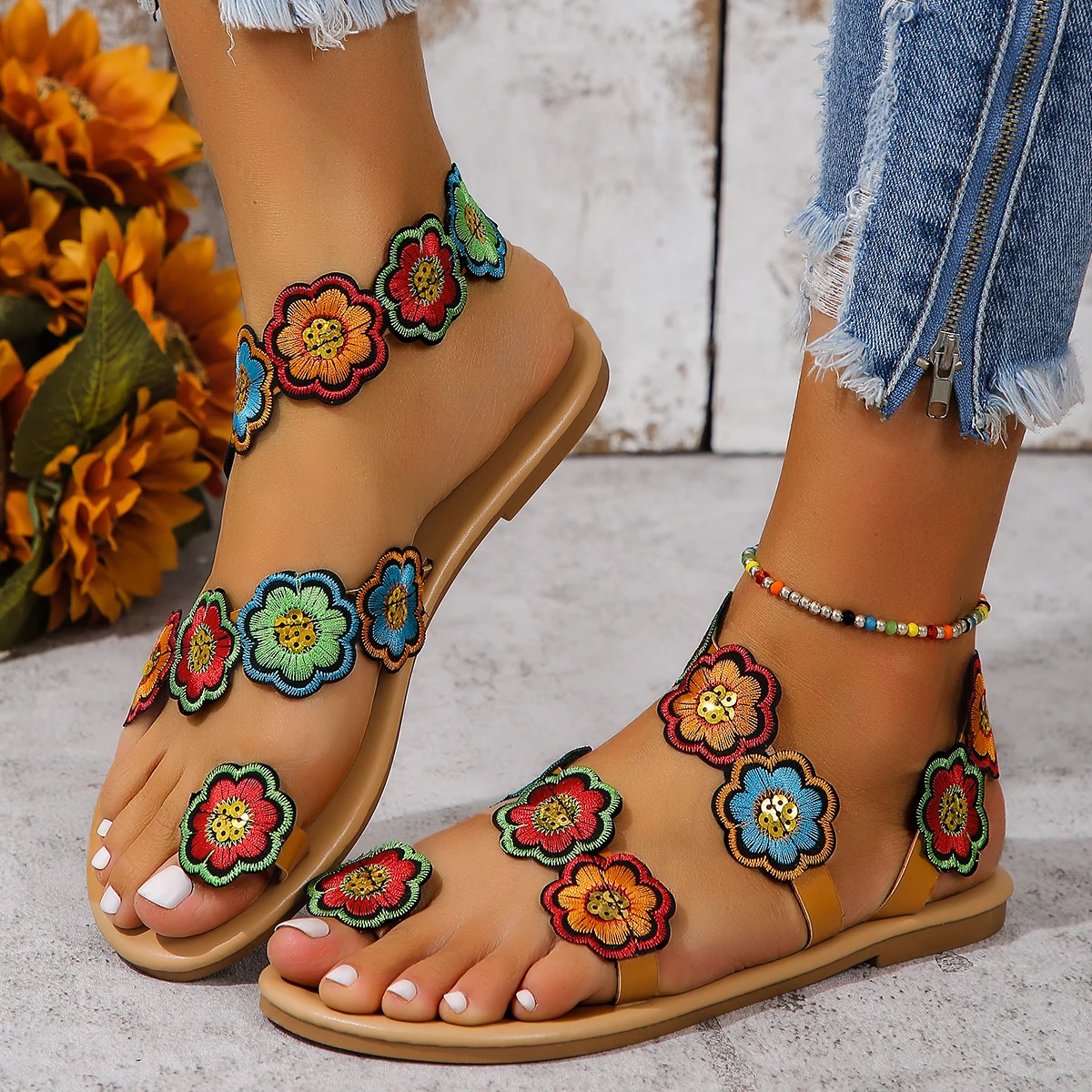 Yellow Embroidered Faux Flower Fashion Sandals - Uniqwear