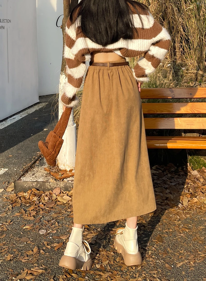 Vintage Belt Midi Skirt Women High Waist - Uniqwear