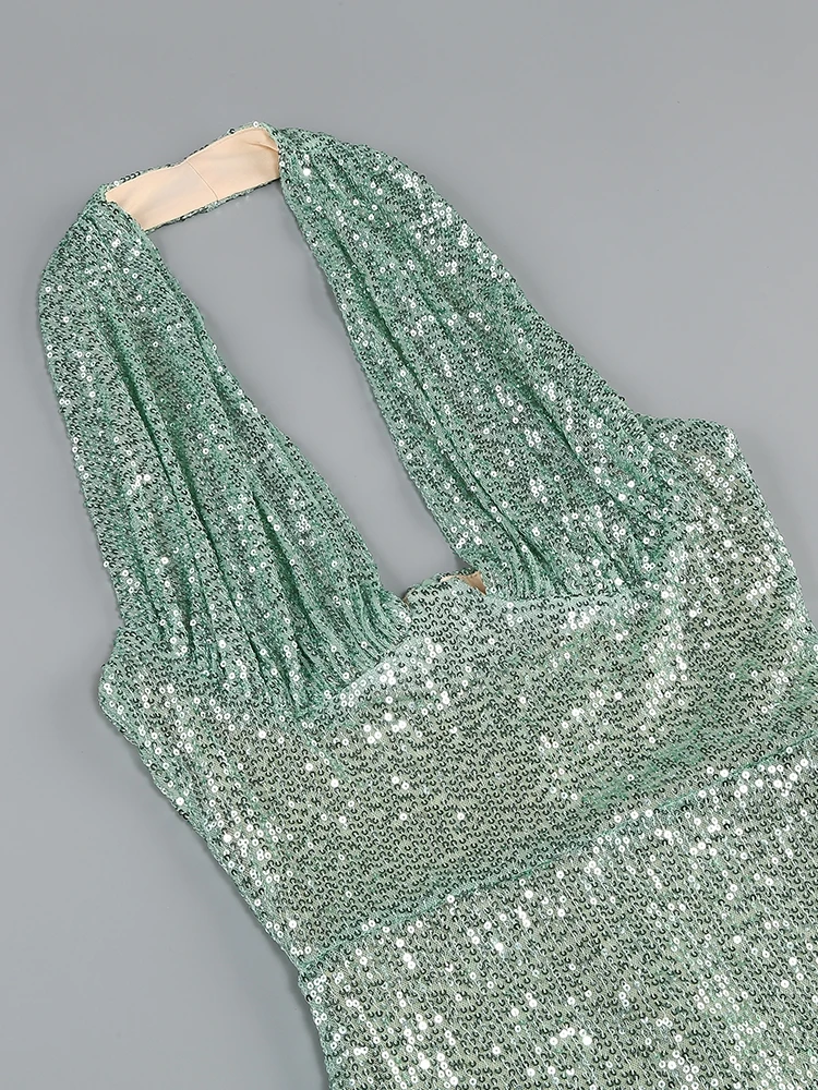 Sexy Halter Deep V Neck Sequins Maxi Dress Women - Uniqwear