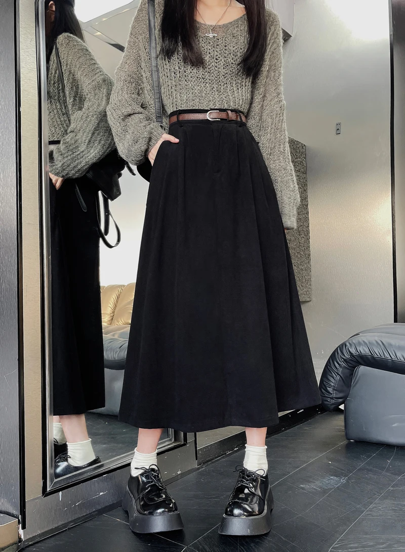 Vintage Belt Midi Skirt Women High Waist - Uniqwear