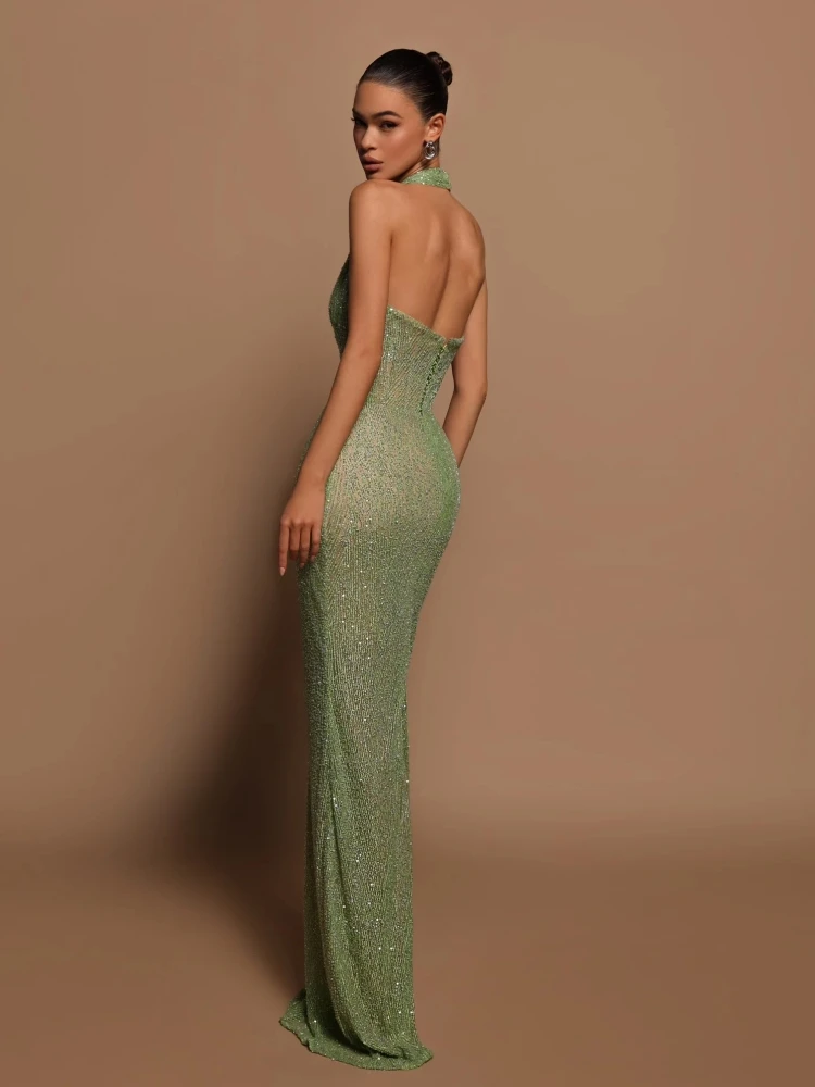 Sexy Halter Deep V Neck Sequins Maxi Dress Women - Uniqwear