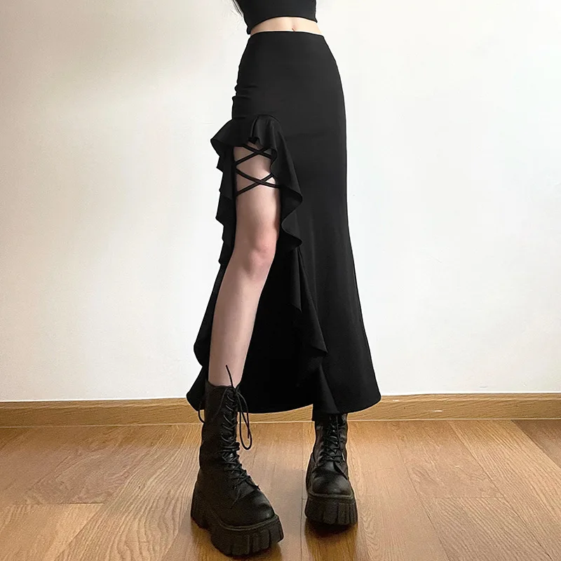 Gothic Black High Waist Mid Skirt - Uniqwear