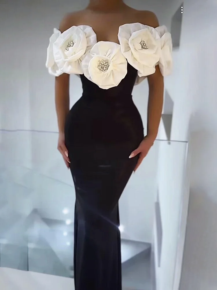 Stereoscopic White Flowers Sexy Off The Shoulder Dress - Uniqwear