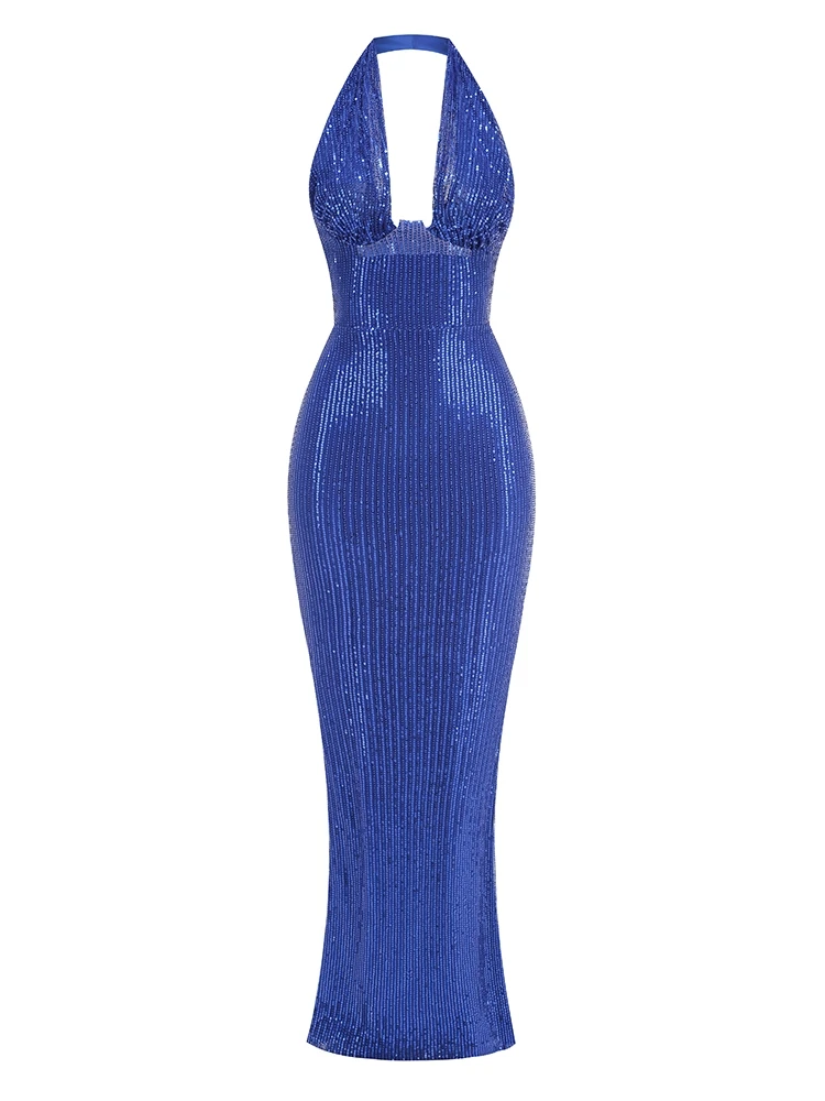 Sexy Halter Deep V Neck Sequins Maxi Dress Women - Uniqwear