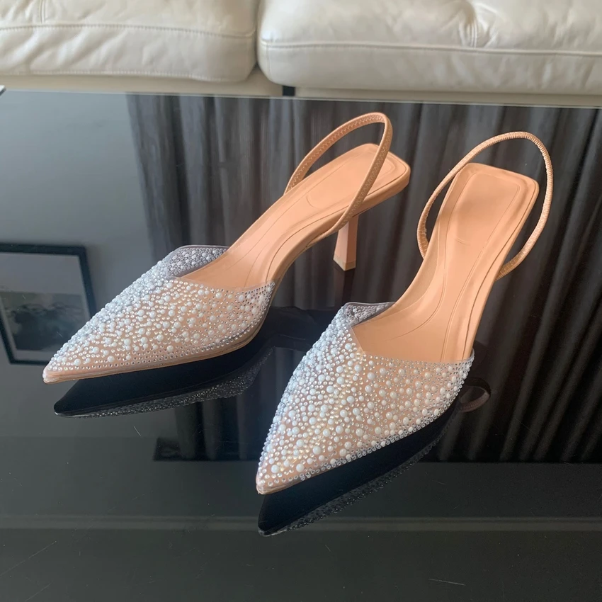 Women High Heels Pearl Decoration Slingback Sandals - Uniqwear