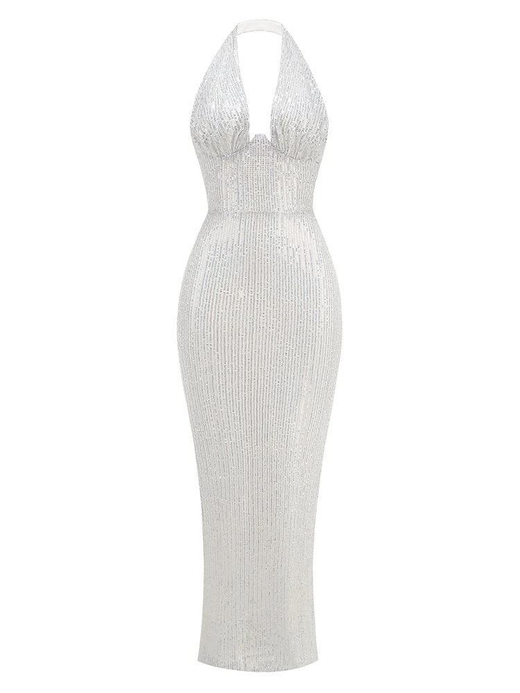 Sexy Halter Deep V Neck Sequins Maxi Dress Women - Uniqwear