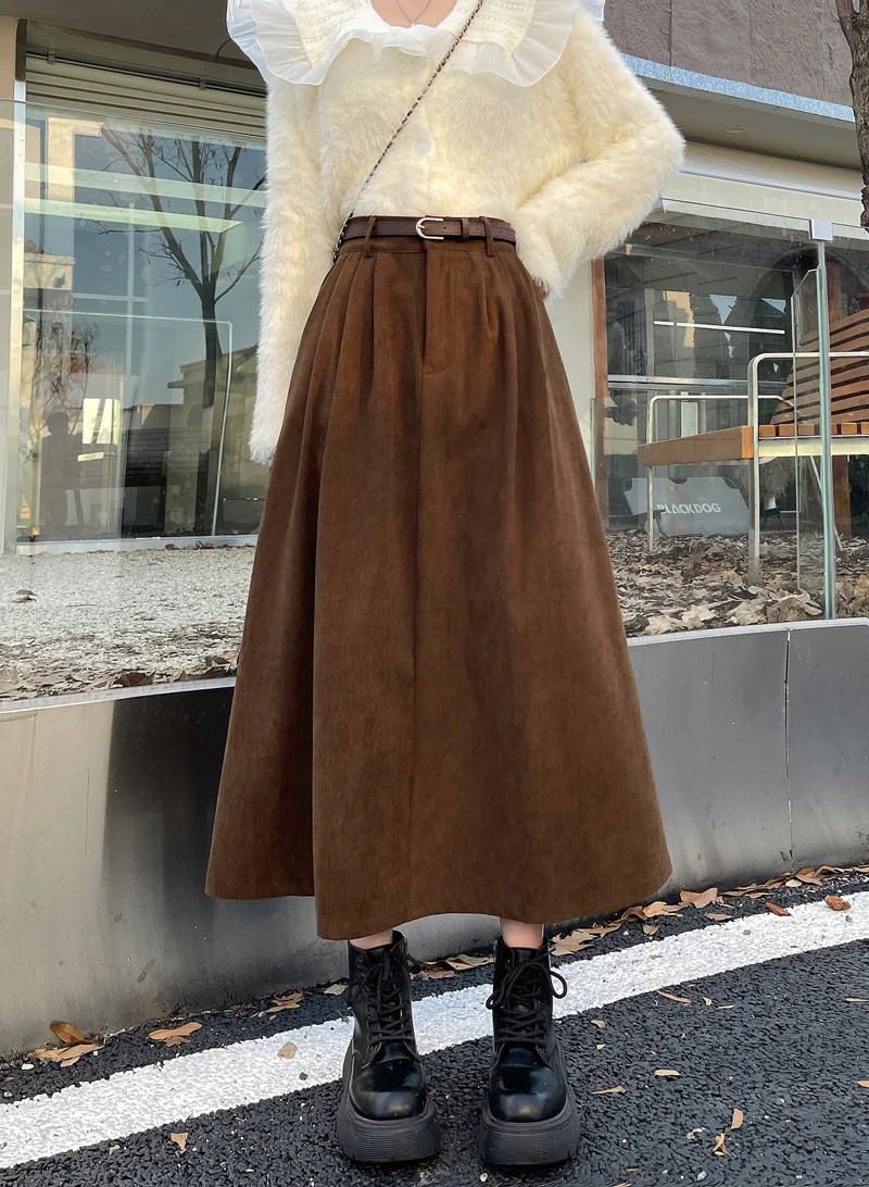 Vintage Belt Midi Skirt Women High Waist - Uniqwear