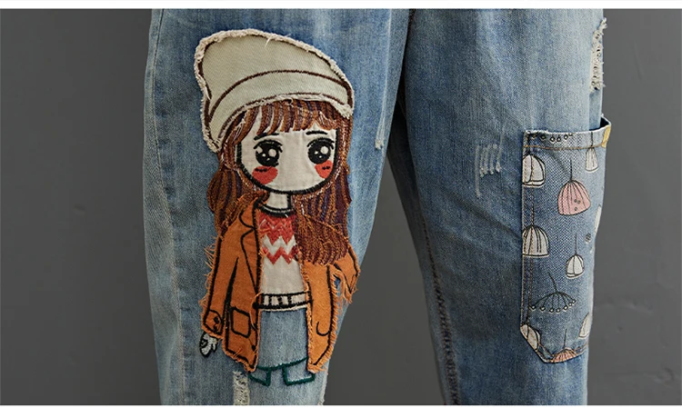Cartoon Little Girl Embroidery Denim Jeans - Uniqwear