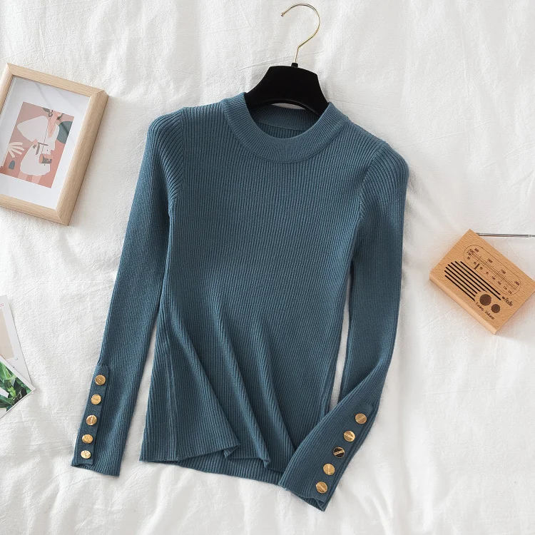 Women casual button o-neck soft sweater - Uniqwear