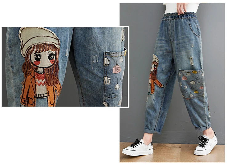 Cartoon Little Girl Embroidery Denim Jeans - Uniqwear