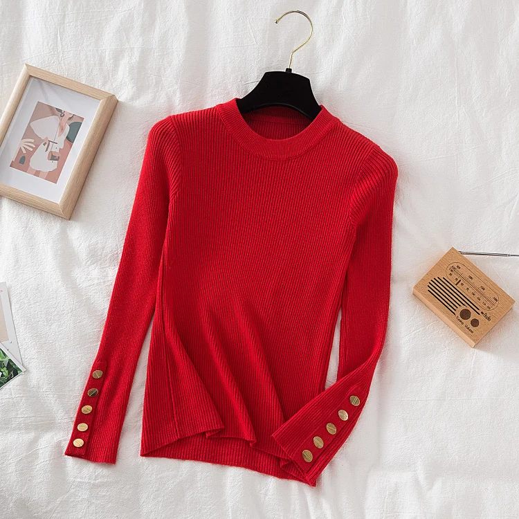 Women casual button o-neck soft sweater - Uniqwear