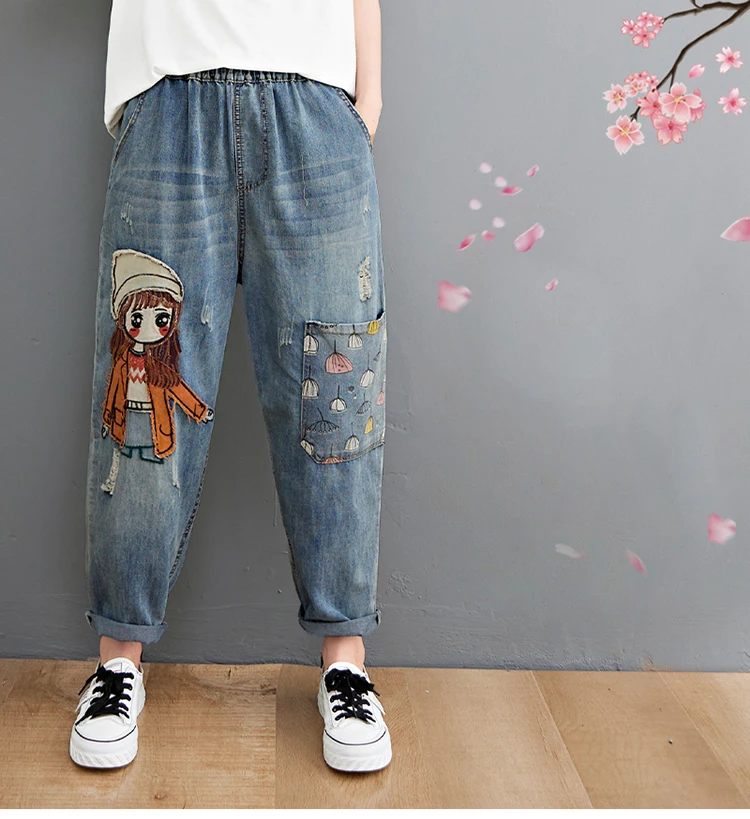 Cartoon Little Girl Embroidery Denim Jeans - Uniqwear