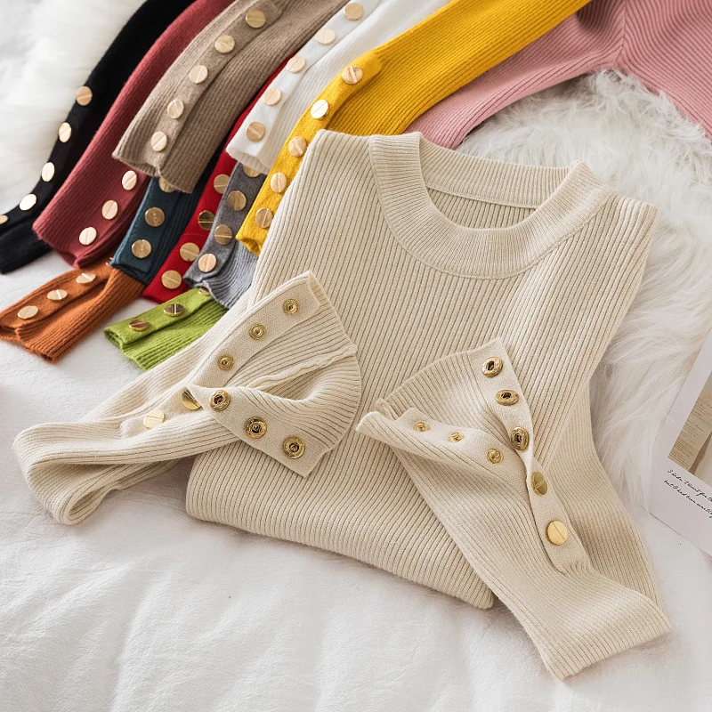Women casual button o-neck soft sweater - Uniqwear