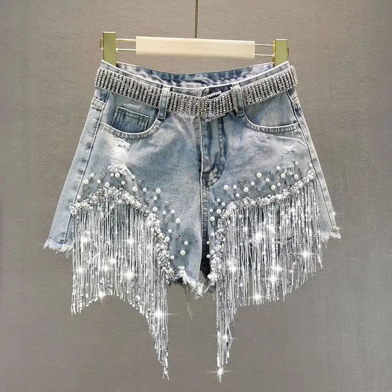 Tassel Beading High Waist Wide Leg Denim Shorts - Uniqwear