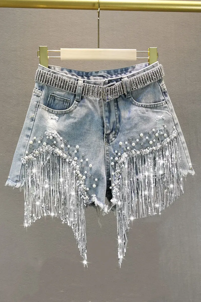 Tassel Beading High Waist Wide Leg Denim Shorts - Uniqwear