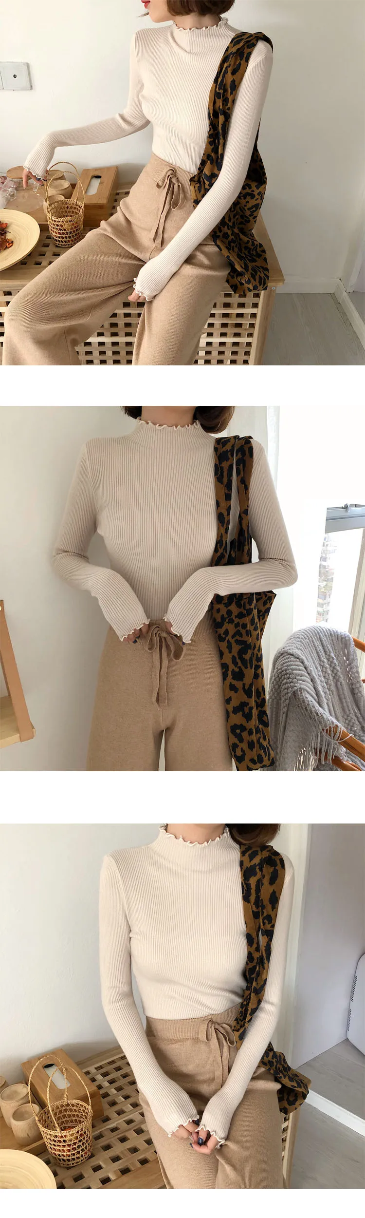 Fall Winter Ruffles Turtleneck Ruched Women Sweater - Uniqwear