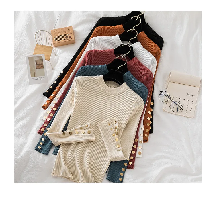 Women casual button o-neck soft sweater - Uniqwear