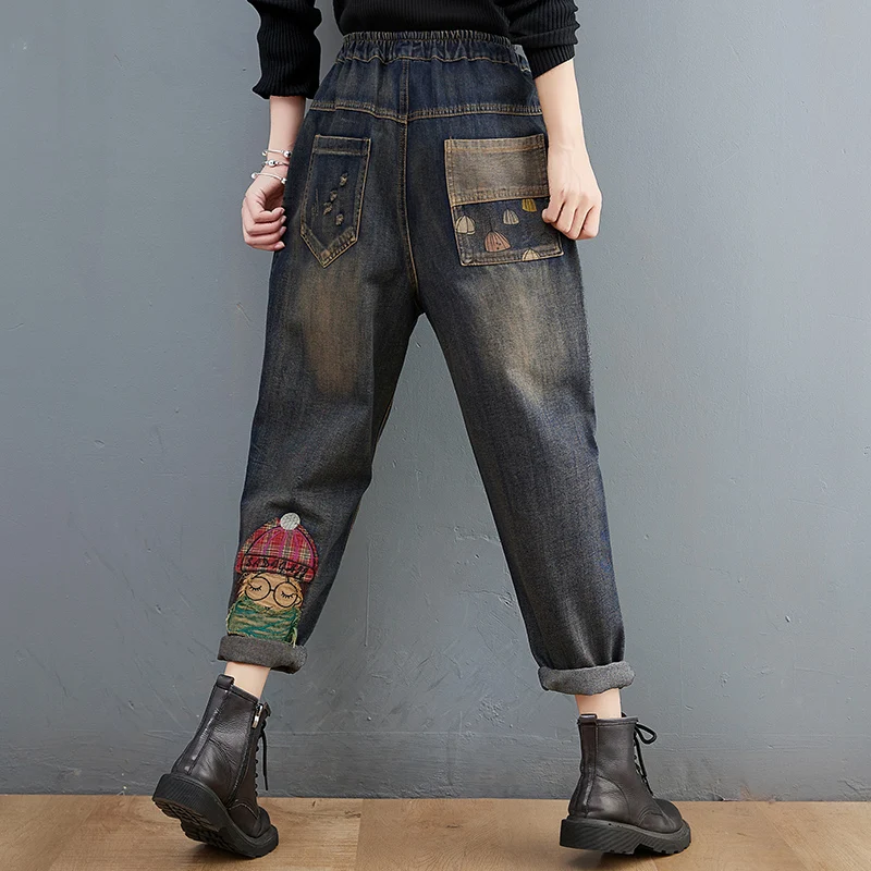 Cartoon Little Girl Embroidery Denim Jeans - Uniqwear