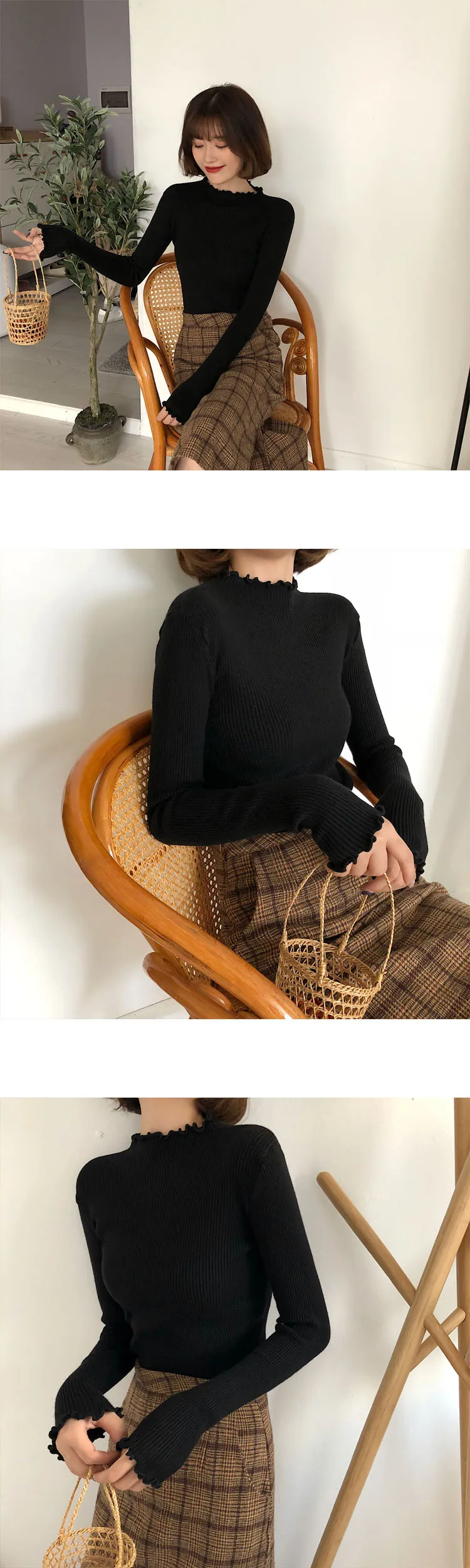 Fall Winter Ruffles Turtleneck Ruched Women Sweater - Uniqwear