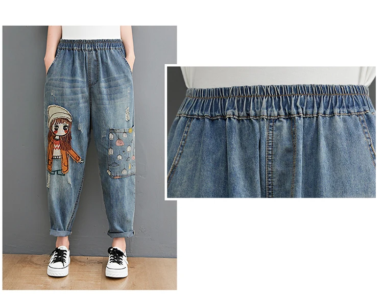 Cartoon Little Girl Embroidery Denim Jeans - Uniqwear