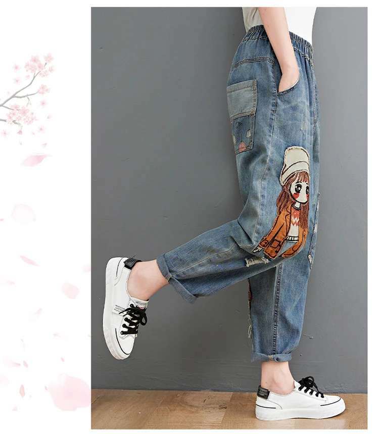 Cartoon Little Girl Embroidery Denim Jeans - Uniqwear