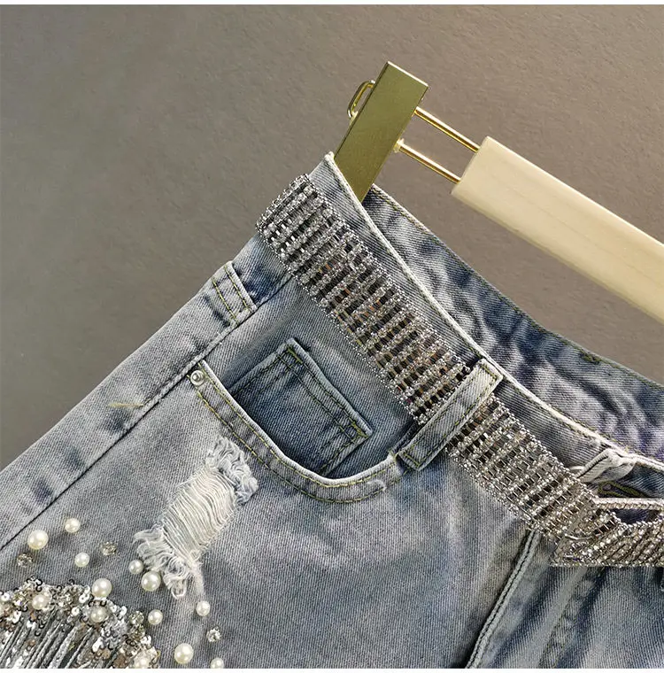 Tassel Beading High Waist Wide Leg Denim Shorts - Uniqwear