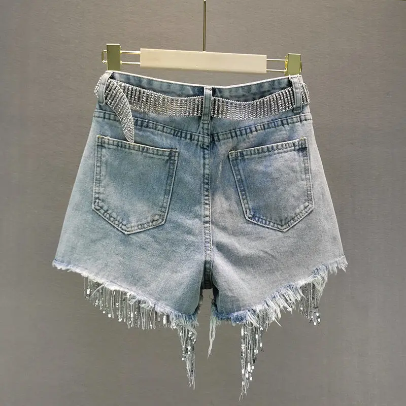 Tassel Beading High Waist Wide Leg Denim Shorts - Uniqwear