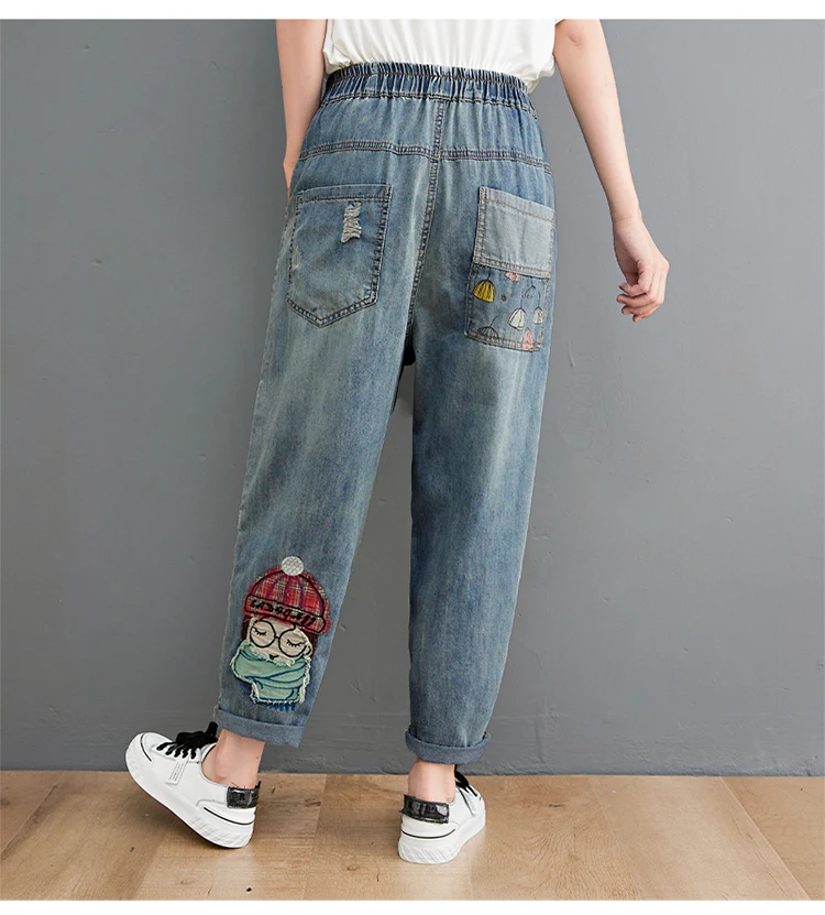 Cartoon Little Girl Embroidery Denim Jeans - Uniqwear