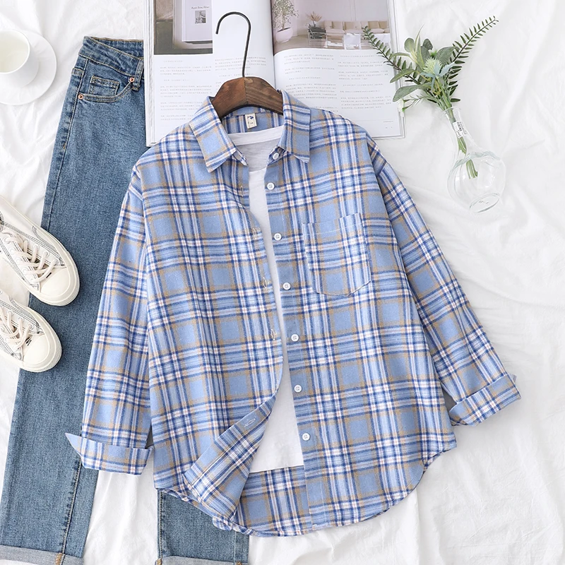 Loose Women Plaid Shirt Fresh College Design - Uniqwear