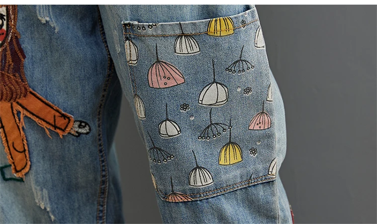 Cartoon Little Girl Embroidery Denim Jeans - Uniqwear