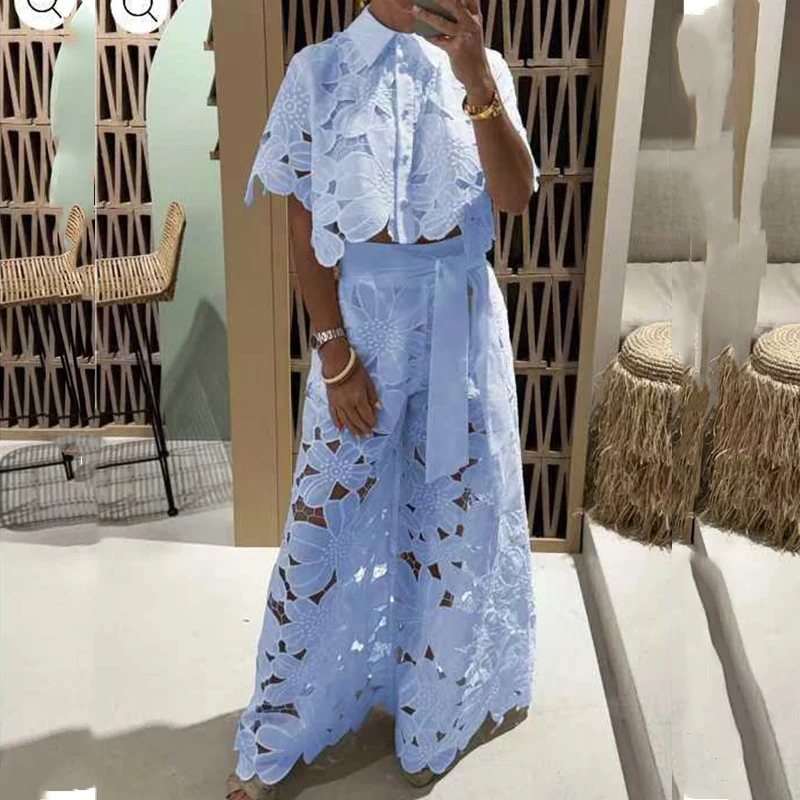 Women Hollow 2Pcs Outfit Retro Tops&Tie-up Pants Set - Uniqwear