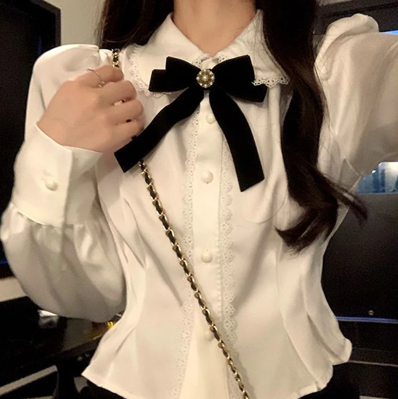 White Bow Shirts Women Lolita Elegant Peter Pan Collar - Uniqwear