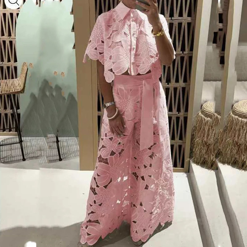 Women Hollow 2Pcs Outfit Retro Tops&Tie-up Pants Set - Uniqwear
