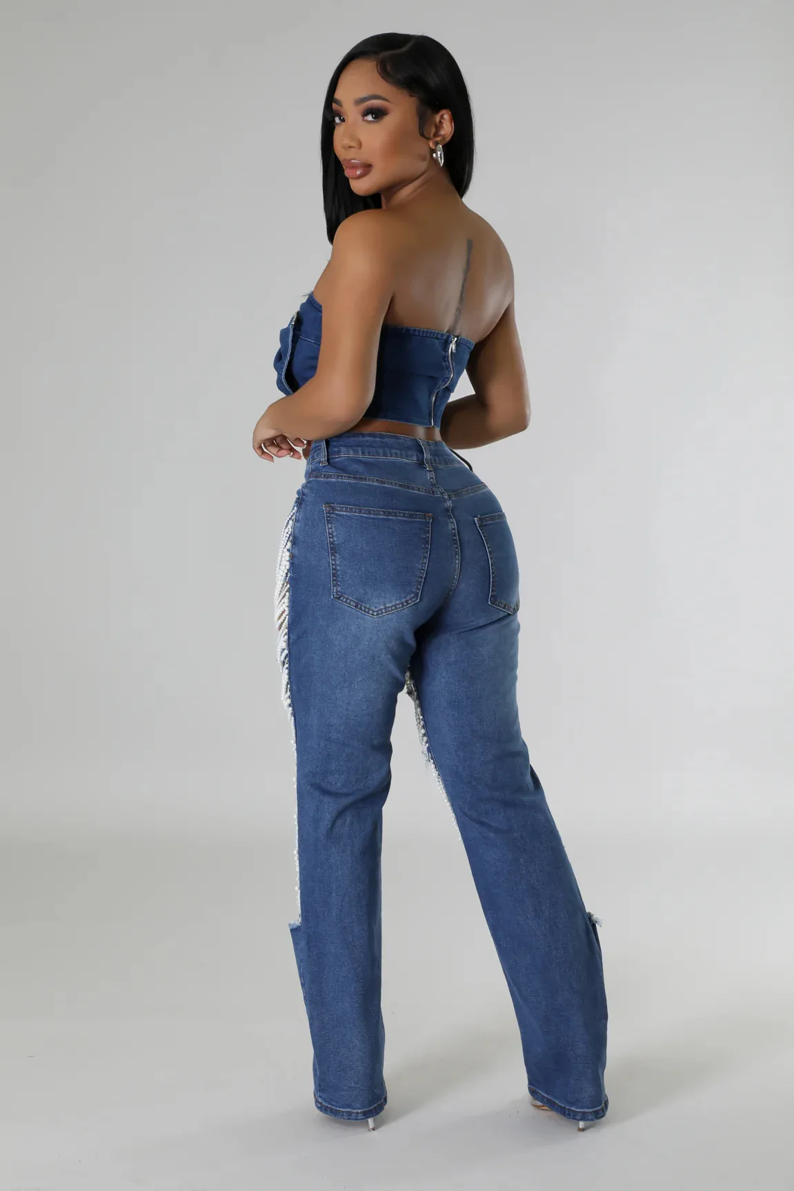 Ripped Hole Denim Pearl Rhinestones Chain Jeans - Uniqwear