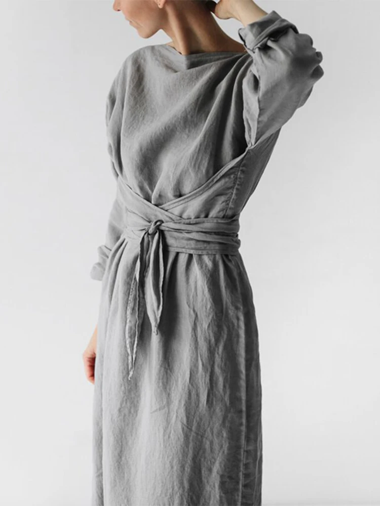 Women Casual Solid Cotton Linen Dress - Uniqwear