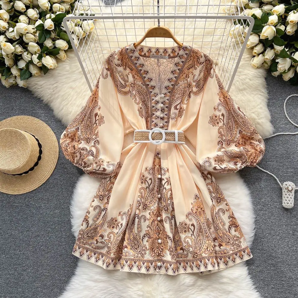 Vintage Print Elegant V-neck Lantern Long Sleeve Dress - Uniqwear