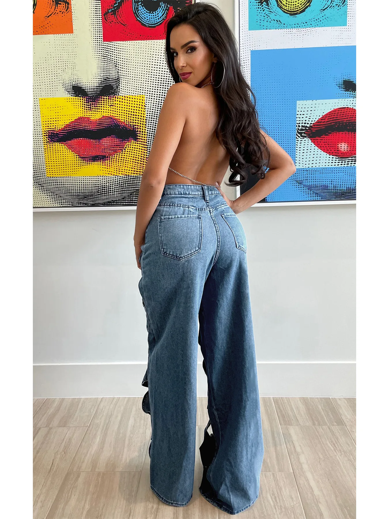 Women Vintage Cutout Straight Denim Pants - Uniqwear