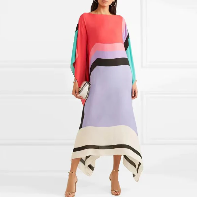 Candy Stripe Print Patchwork Kaftan Dresses Women - Uniqwear