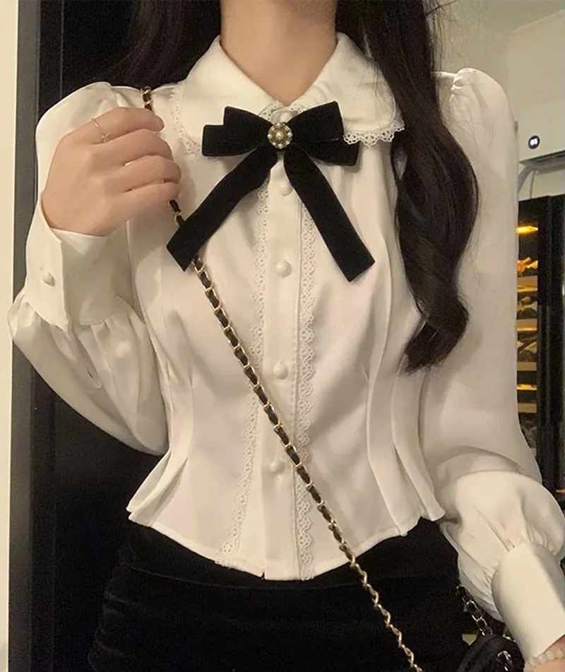 White Bow Shirts Women Lolita Elegant Peter Pan Collar - Uniqwear
