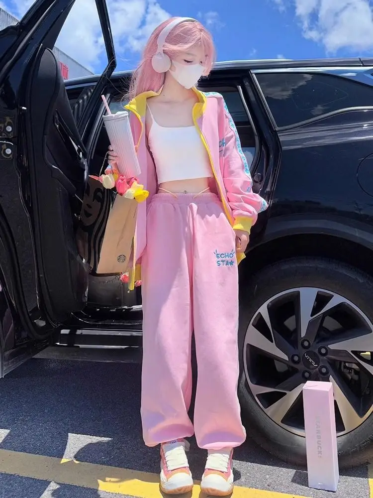 Contrast Color Letter Women Jacket + Loose Pants Set - Uniqwear