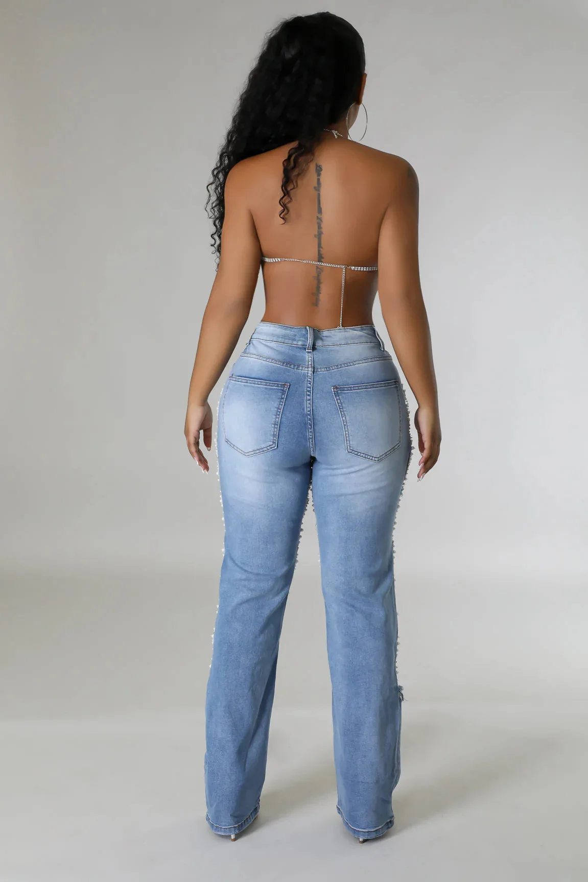 Ripped Hole Denim Pearl Rhinestones Chain Jeans - Uniqwear